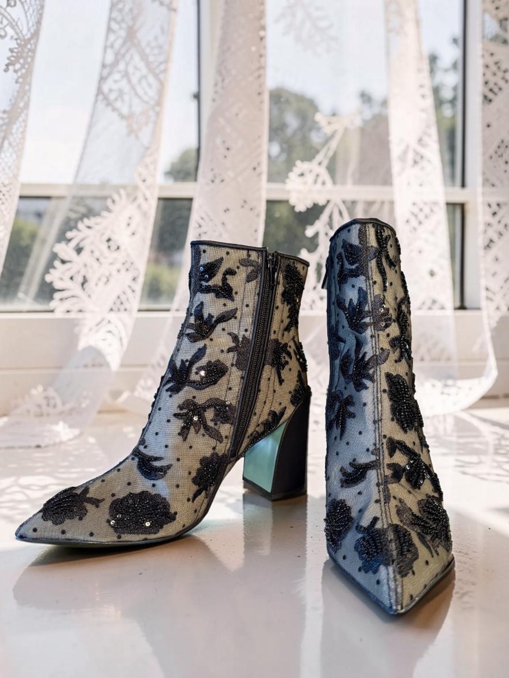 Betsey Johnson NWT Sz 10 Black Floral Bead Embellished Mesh Ankle Boots (SH378)